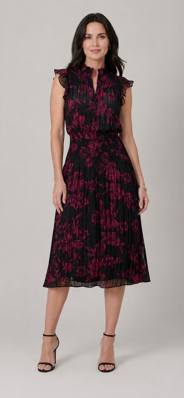 WHBM Sleeveless Smocked Waist Ruffle Midi Dress Womens XL Petite Black Red